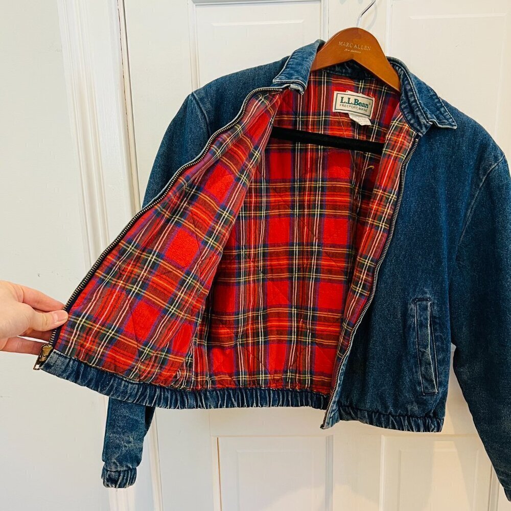LL BEAN Insulated Flannel Lined Barn Chore Denim Harrington Jacket Coat VTG 80s - Picture 15 of 16